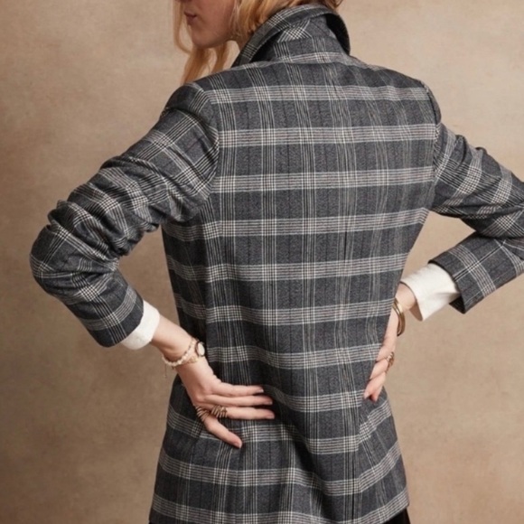 Banana Republic Factory Double Breasted Blazer Midnight Plaid Cool Gray 10 X2 - Picture 2 of 8